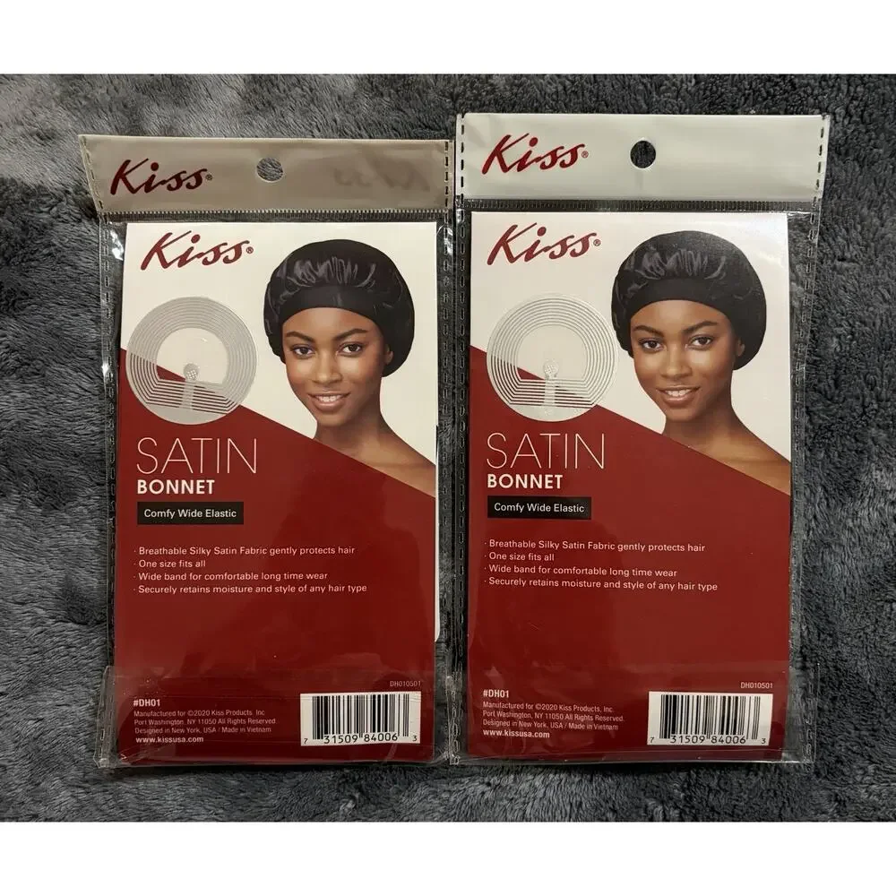 KISS Silky Satin Bonnet Black Comfy Wide Elastic One Size Fits All – Lot of 2